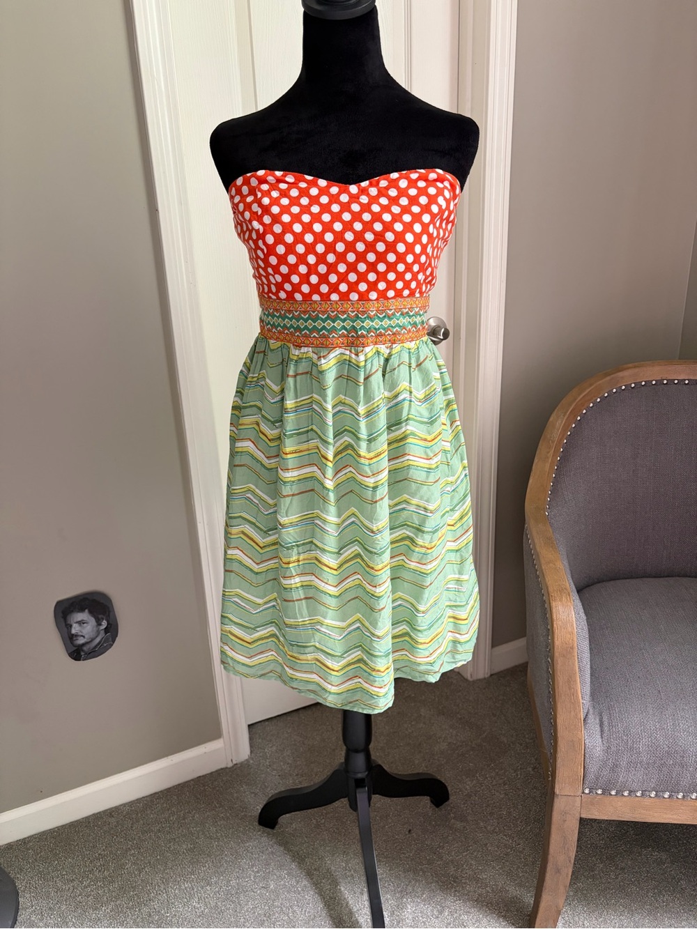 Flying Tomato Red Polka Dot Strapless Dress with Mint Chevron Skirt